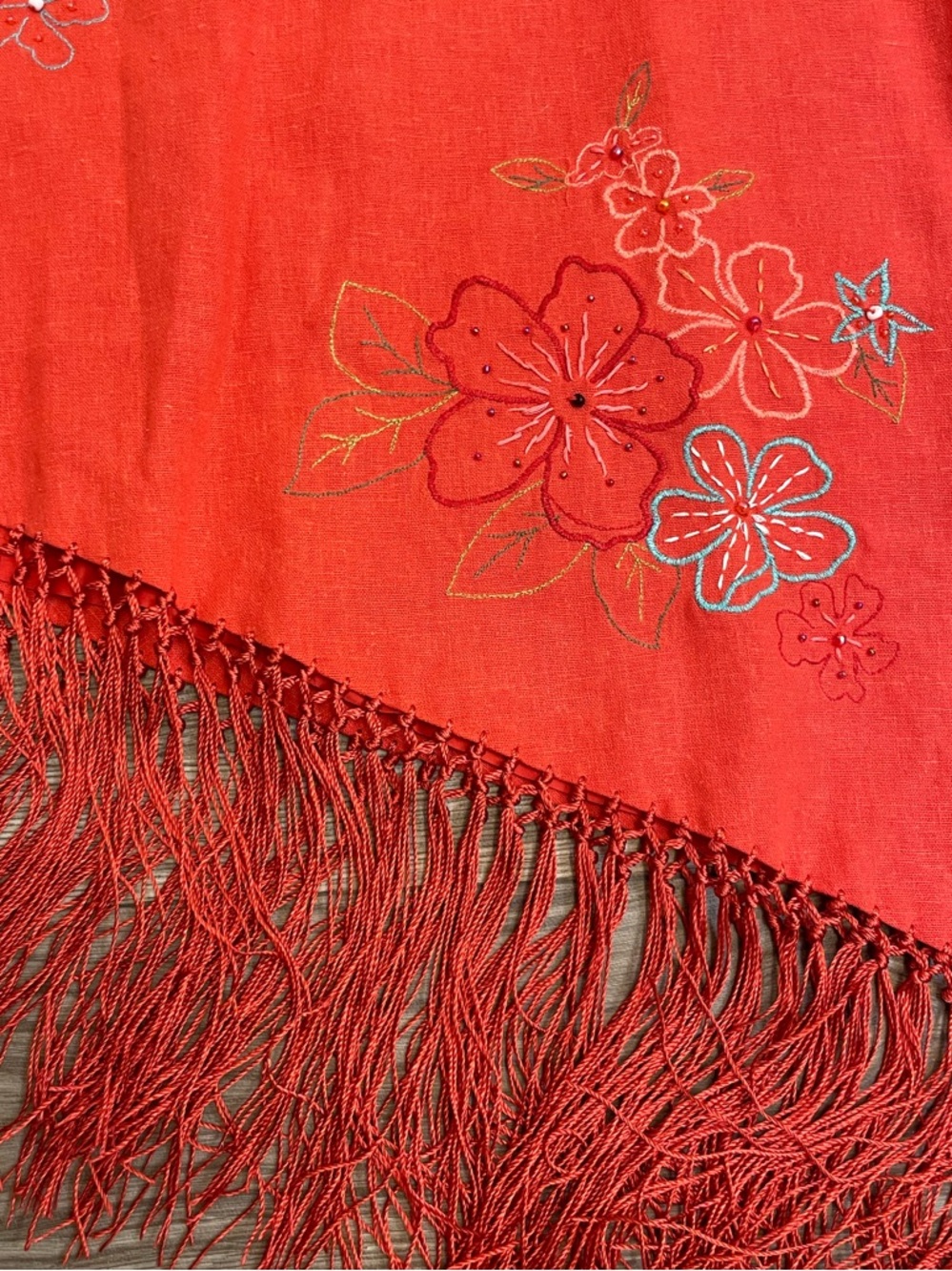 Muse Vintage Orange Linen Embroidered Asymmetrical Fringe Hem Midi Skirt - Picture 12 of 12